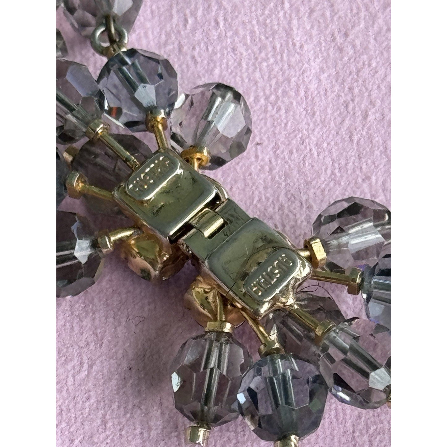 Vintage Austrian Crystal Bead Necklace Signed Gray Blue Faceted Beads 16”