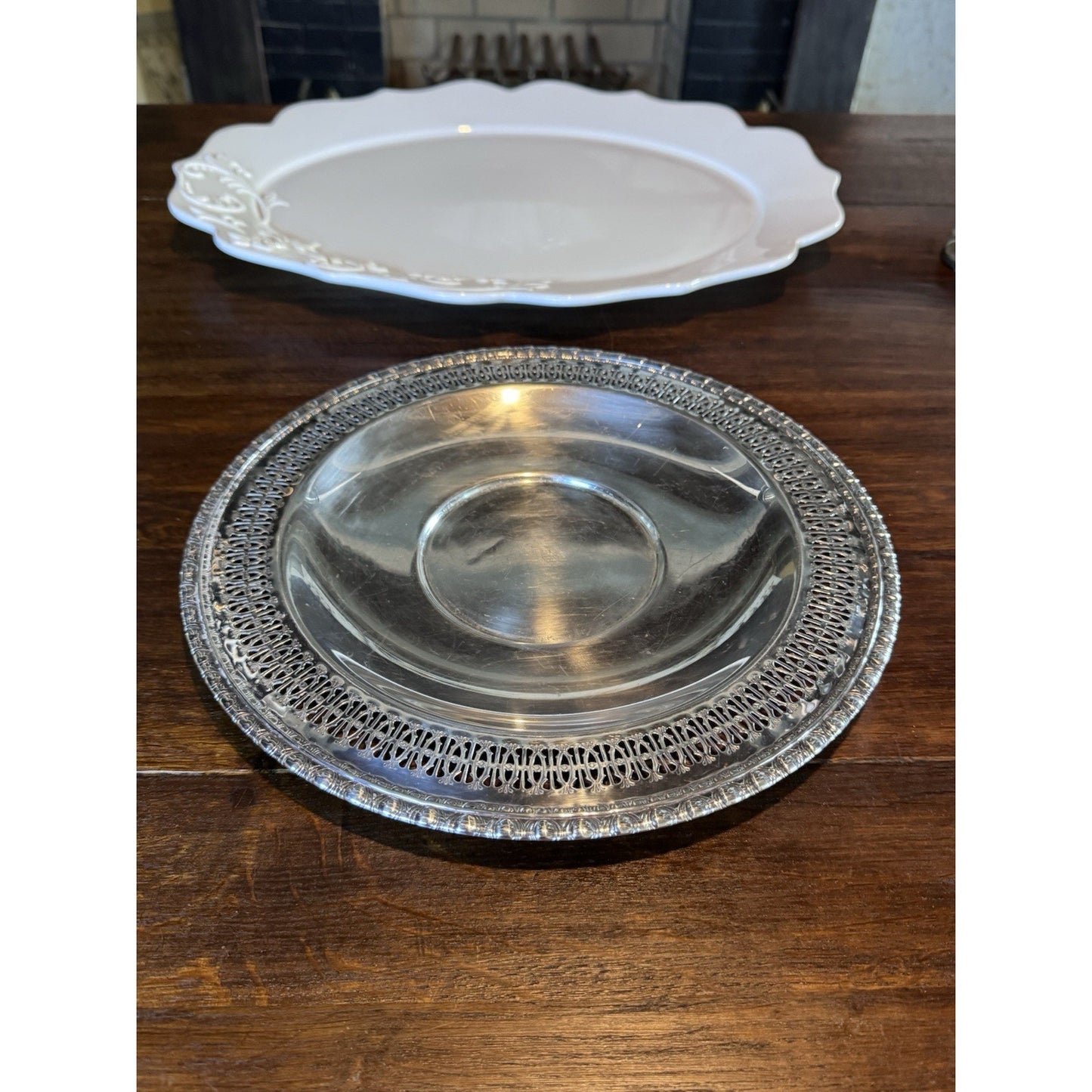 Silverplate Relish Dish Rogers Bros Reticulated Bowl w Antique Glass Insert 9”
