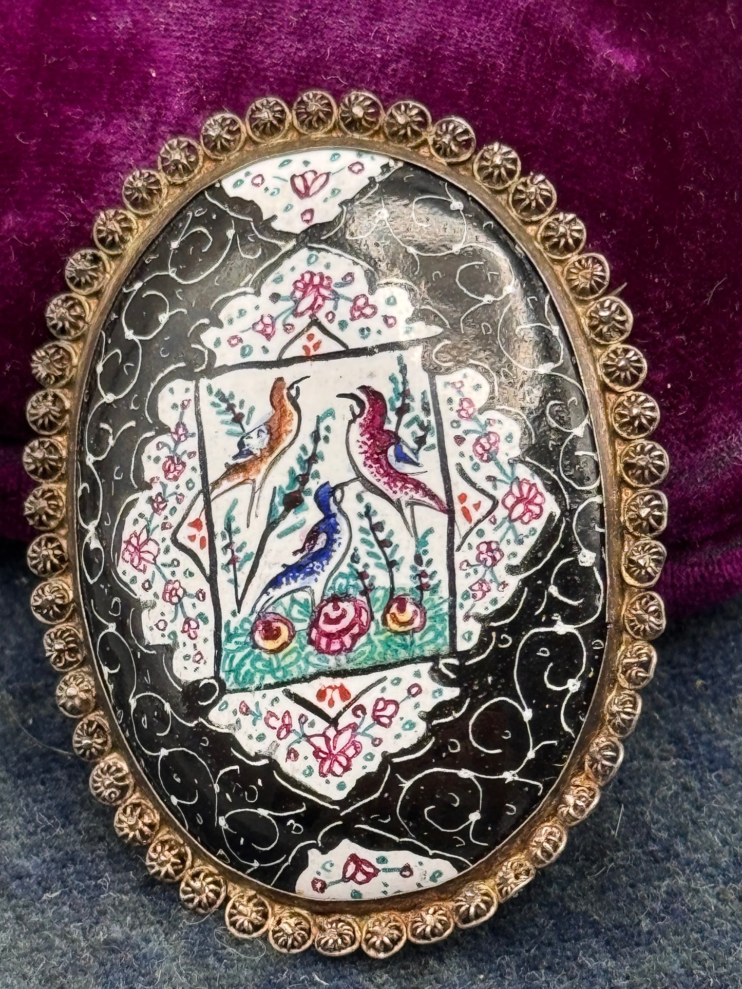Vintage Enamel Bird Brooch Hand Painted Oval Scenic Pin 2”