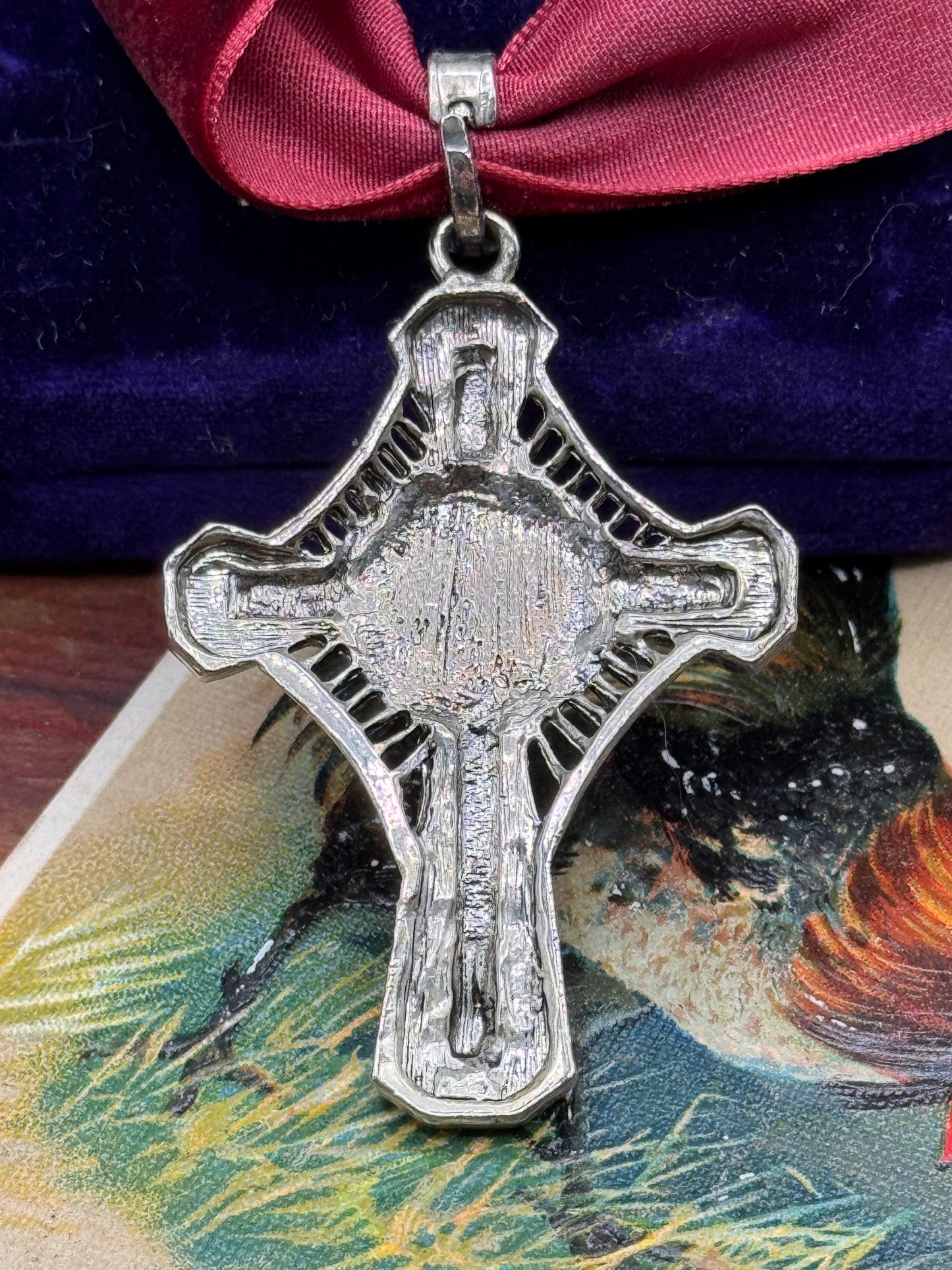 Vintage Cross Pendant Silvertone Cameo Rhinestone 2.25” Heirloom Style