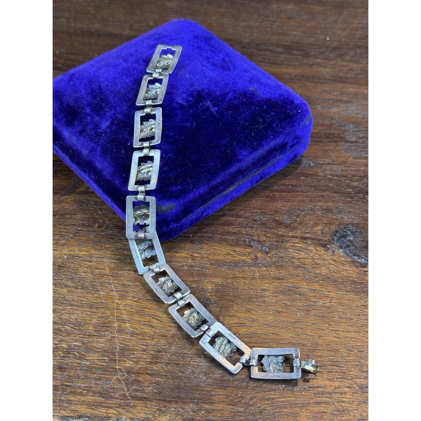 Vintage Sterling Silver Leaf Link Bracelet Gold Accents 7.25” Botanical Design