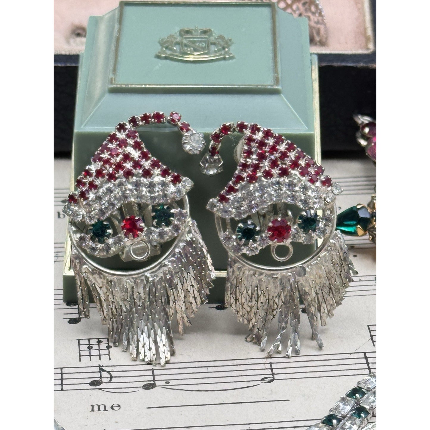 Vintage Santa Clip On Earrings Red Green Clear Rhinestone Fringe Beard