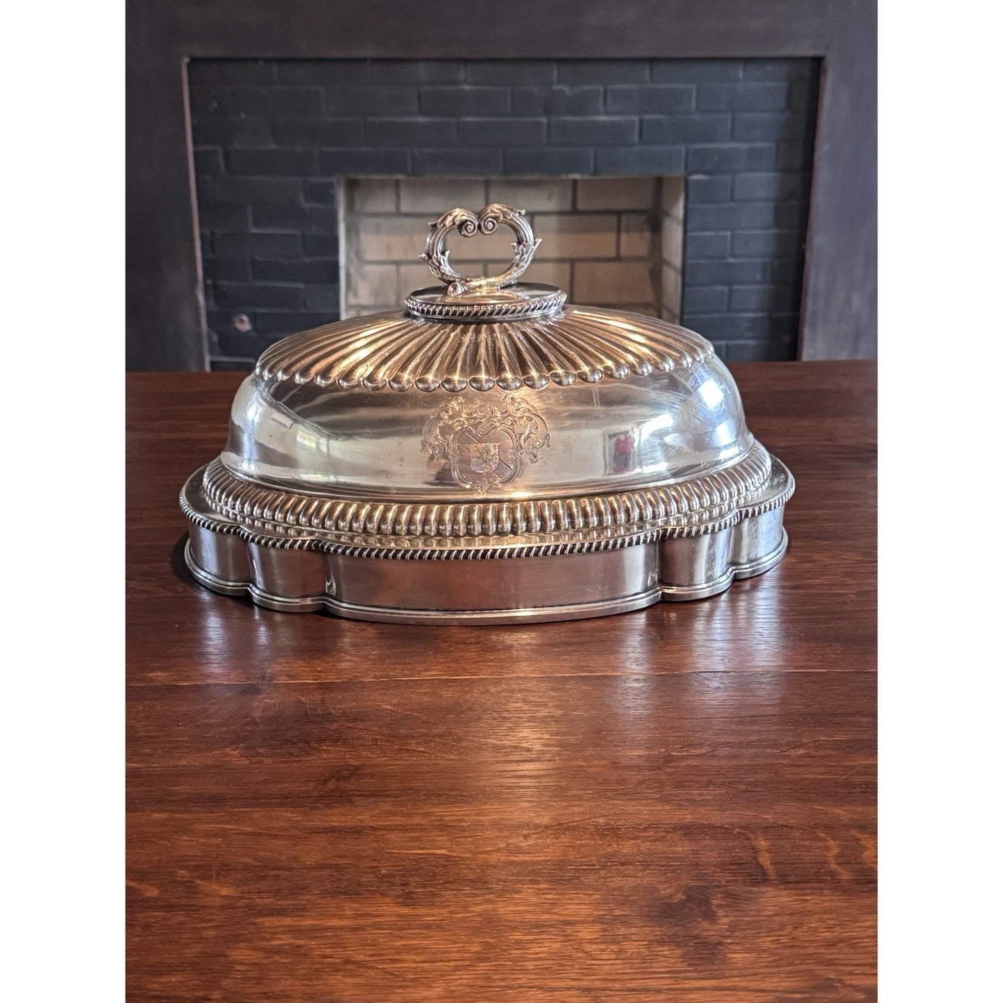 Antique Sheffield Silver Plate Food Dome with Heraldic Engraving