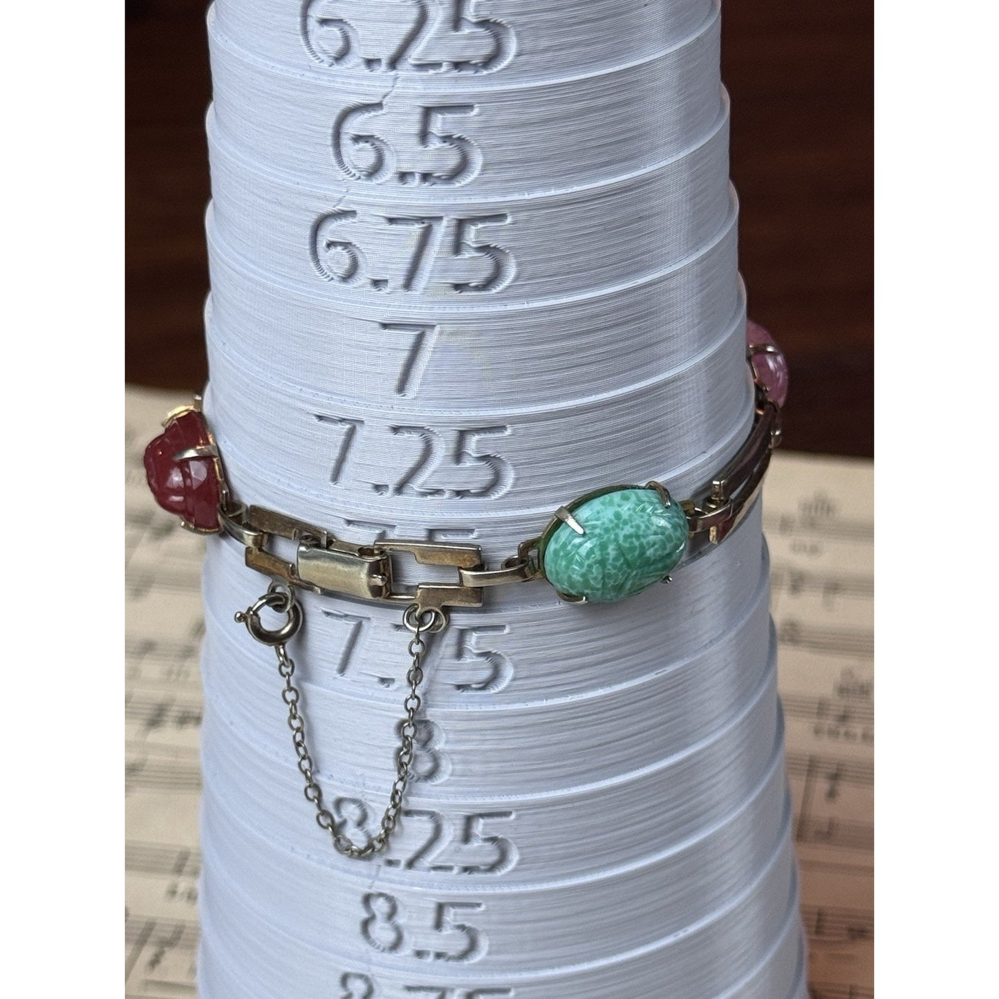 Vintage Silvertone Glass Scarab Bracelet Egyptian Revival 7.5” Pink Green Blue