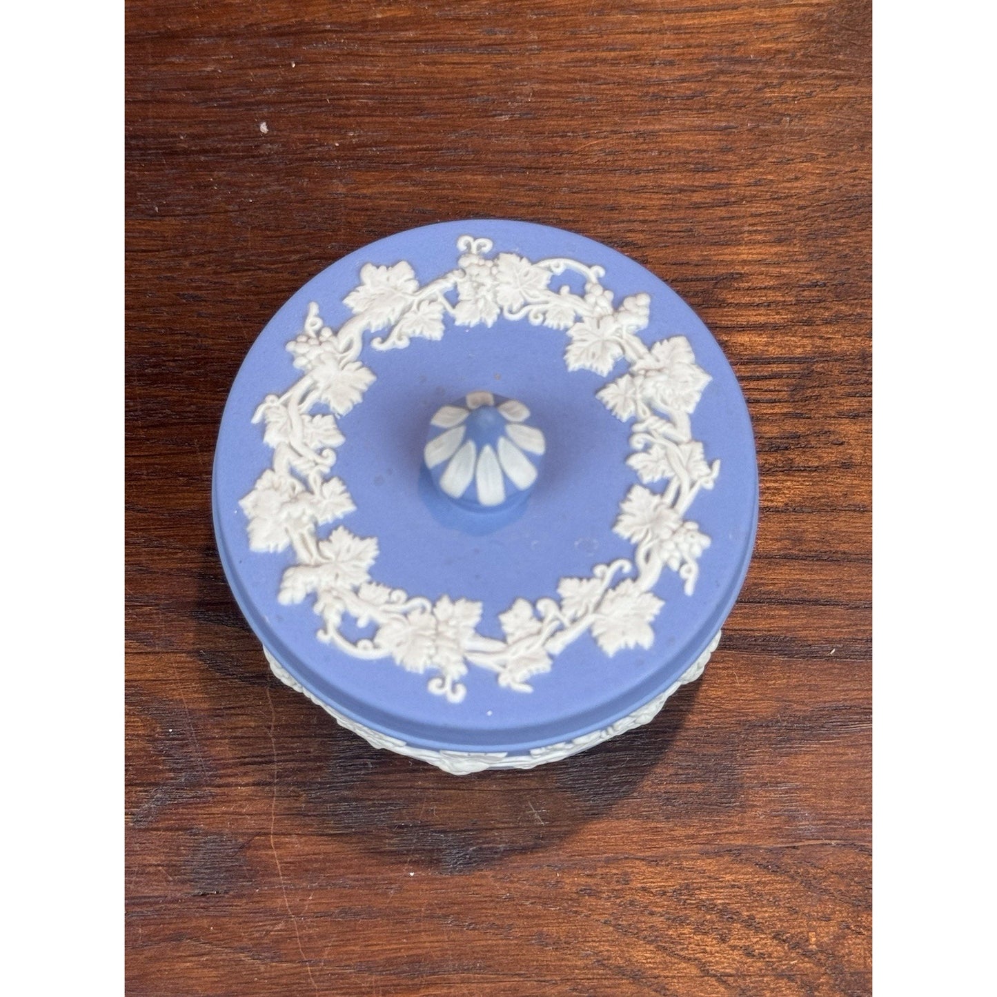Vintage Wedgwood Jasperware Blue Lidded Trinket Box Grape Vine 3”