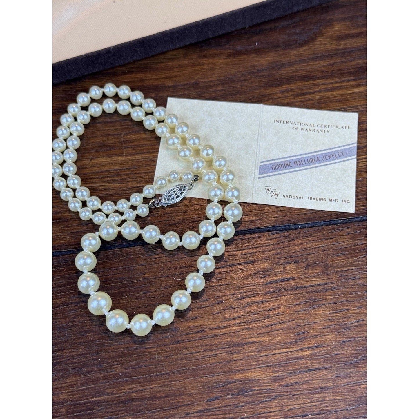 Vintage Mallorca Faux Pearl Necklace 19.5” Knotted Graduated Original Case