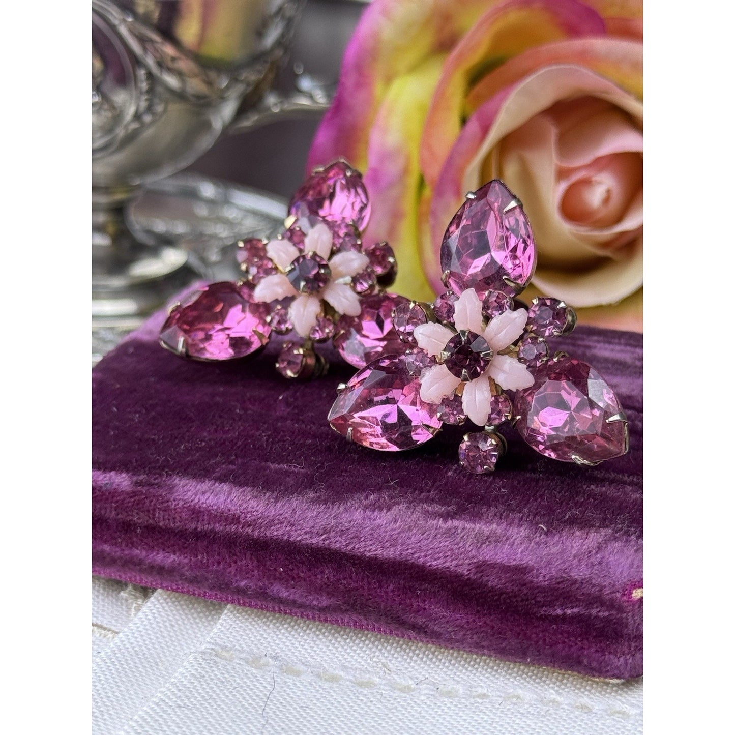 Vintage Earrings Pink Rhinestone & Molded Glass Floral Clip-On