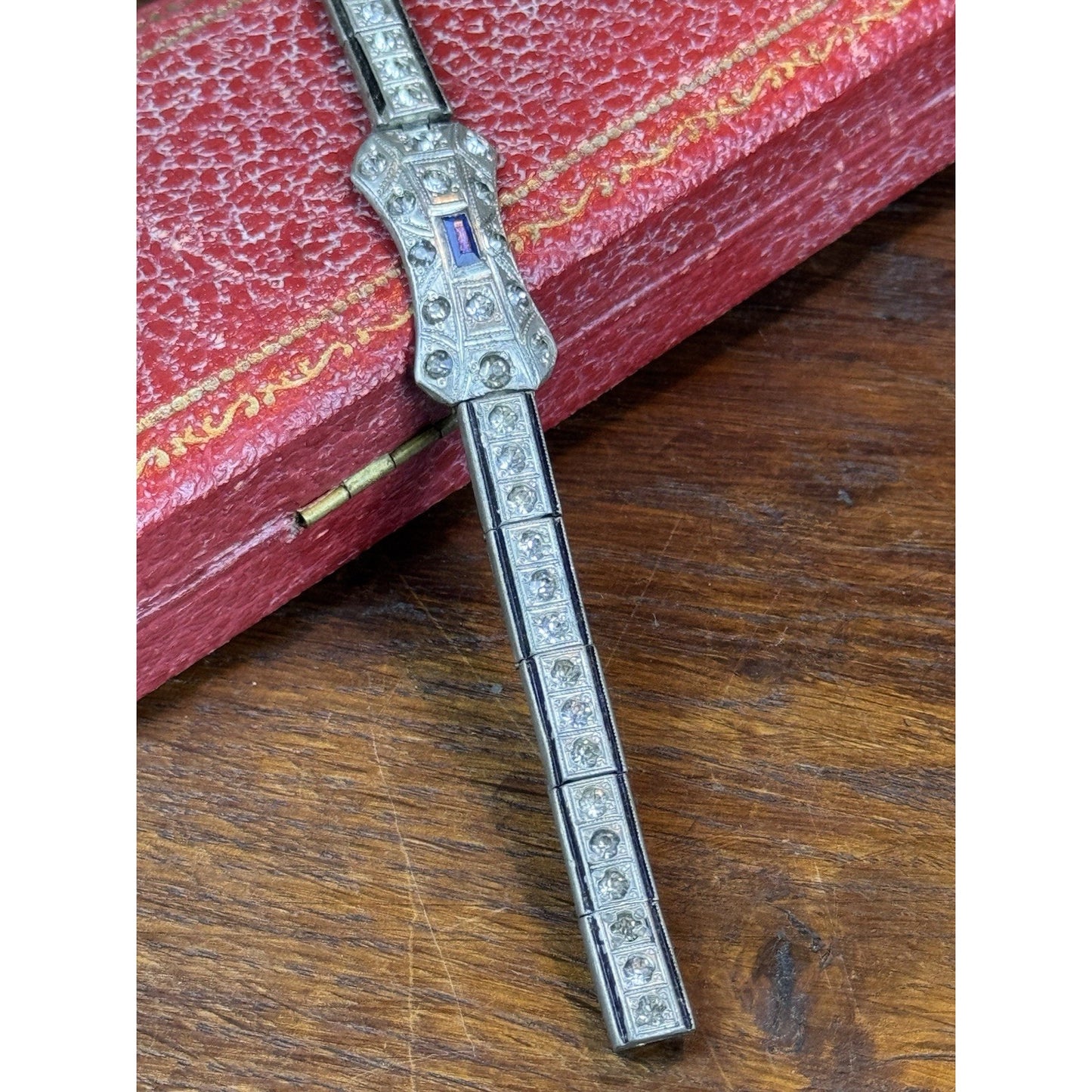 NOV-E-Line Bracelet 6” 1920s Art Deco Silvertone Rhinestone Blue Glass