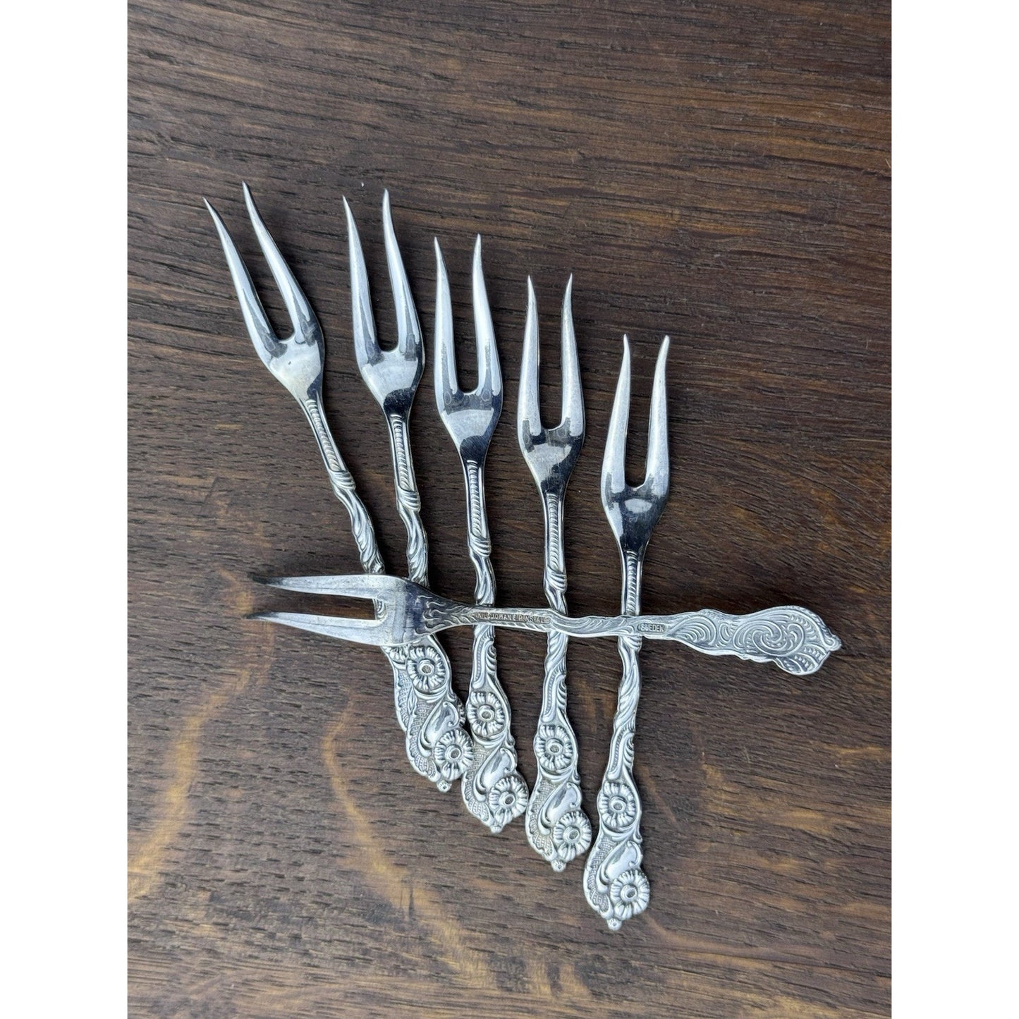 Vintage Nils Johan Hors d’Oeuvres Forks Set 6 EPNS Sweden Silverplate