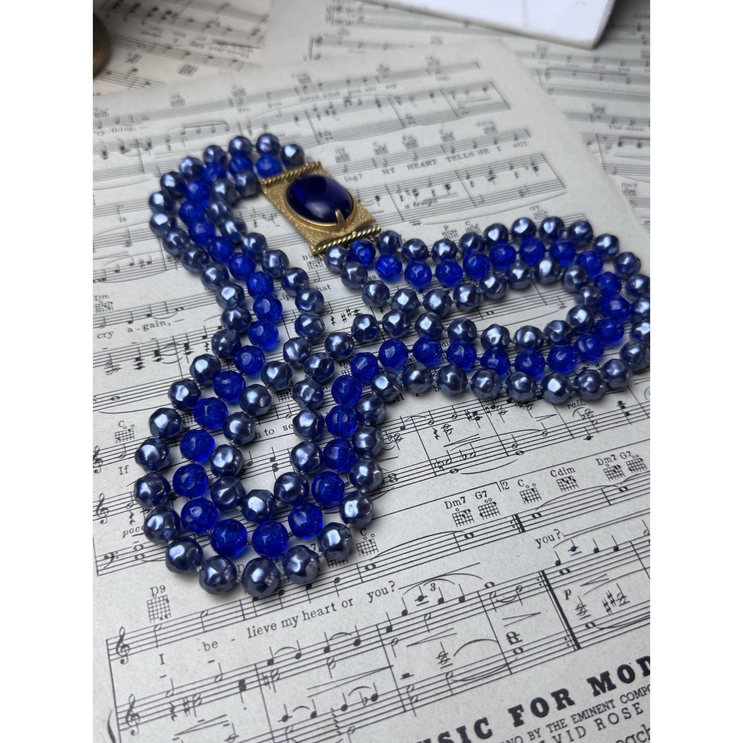 Vintage Blue Lucite Beaded Necklace Goldtone 3 Strand Statement 20”