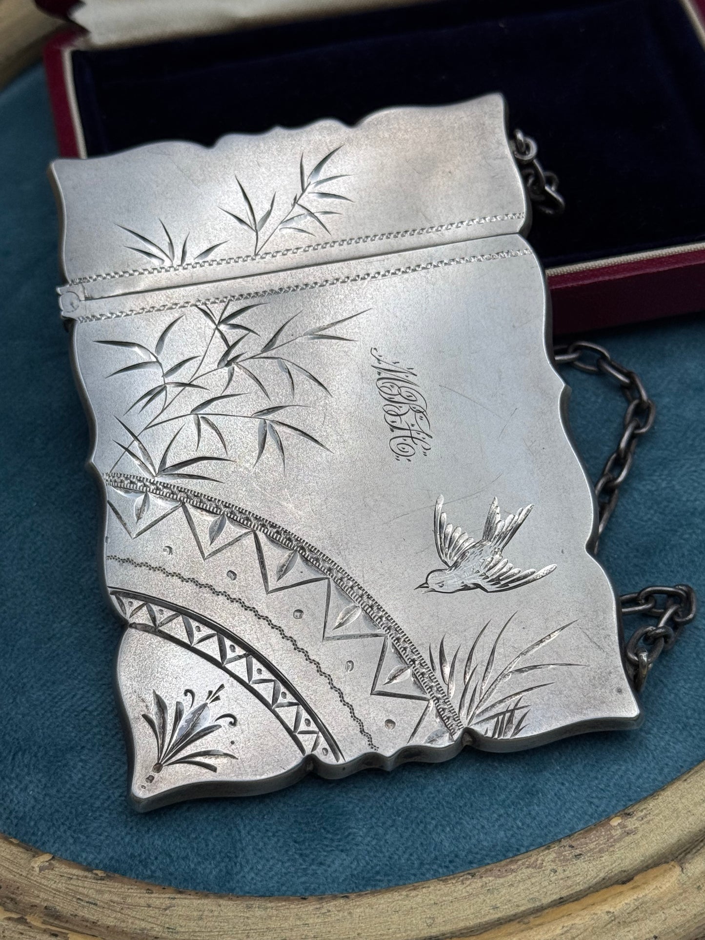 Antique Victorian Calling Card Case Aesthetic Movement Bird Bamboo STERLING Silver - Monogram MBH Fits Credit Card!!
