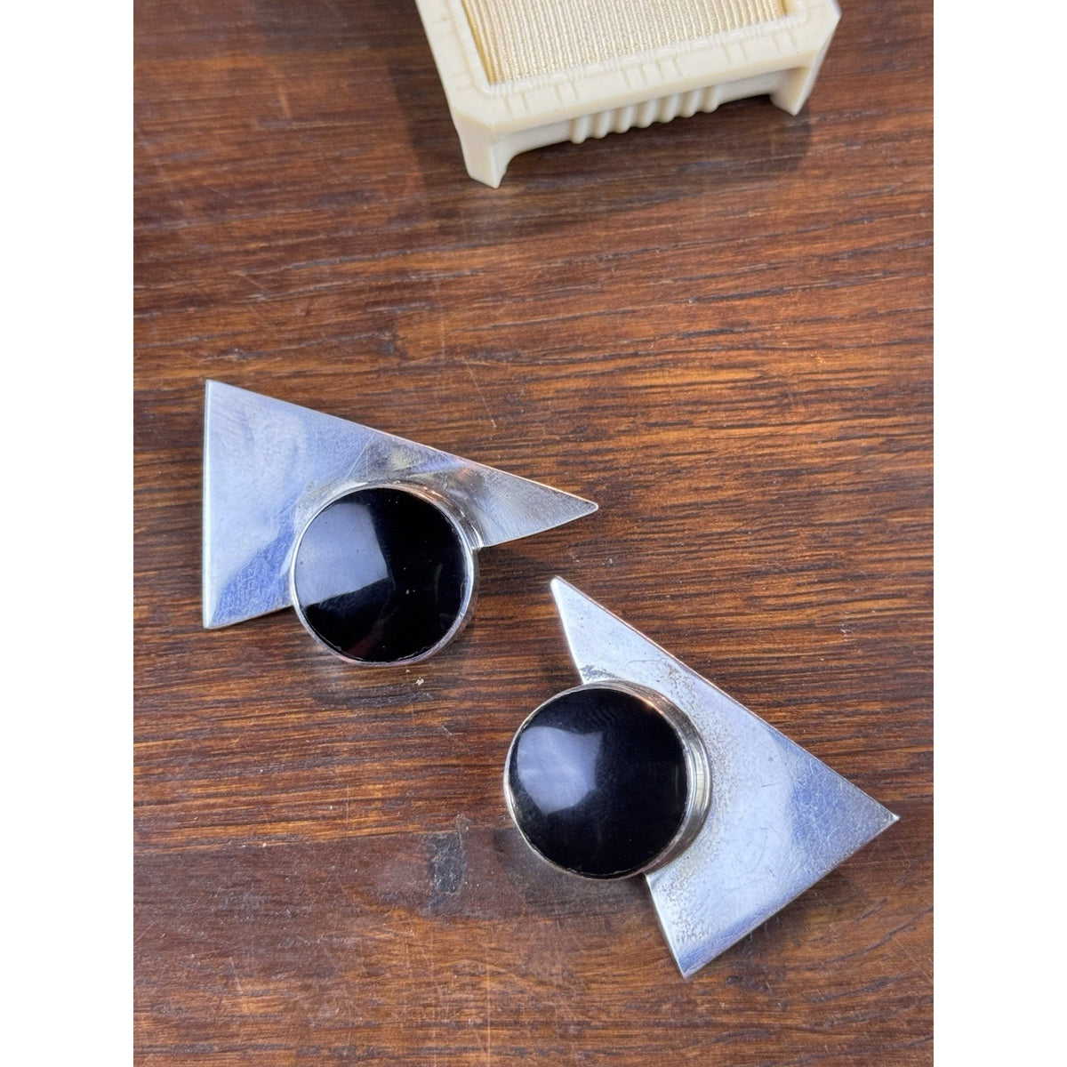 Vintage Sterling Earrings Mexico 925 TP-98 Black Onyx Modernist Clip 1.75”