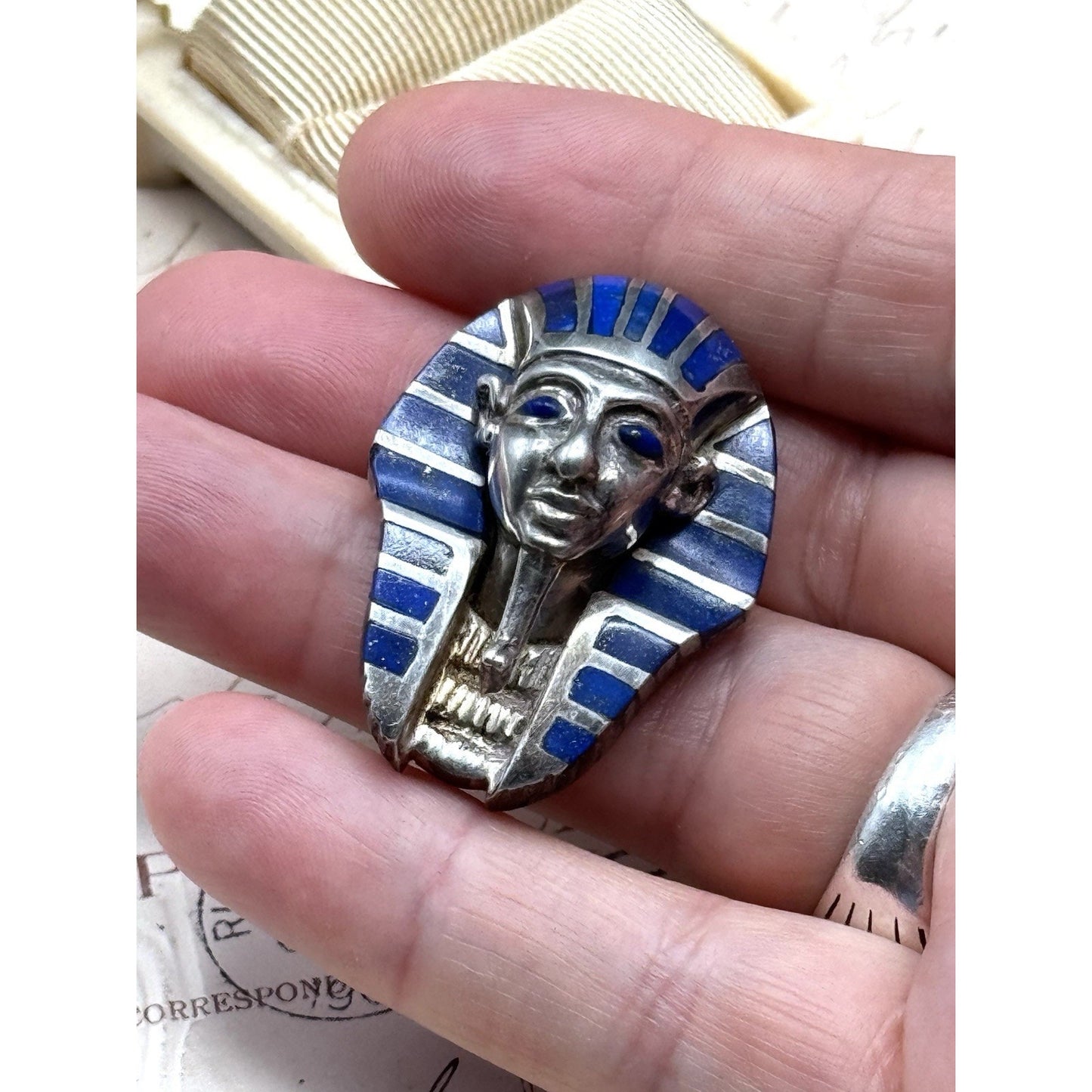 King Tut Pendant Lapis Lazuli Vintage Plata 980 Silver Egyptian Revival 1.5”