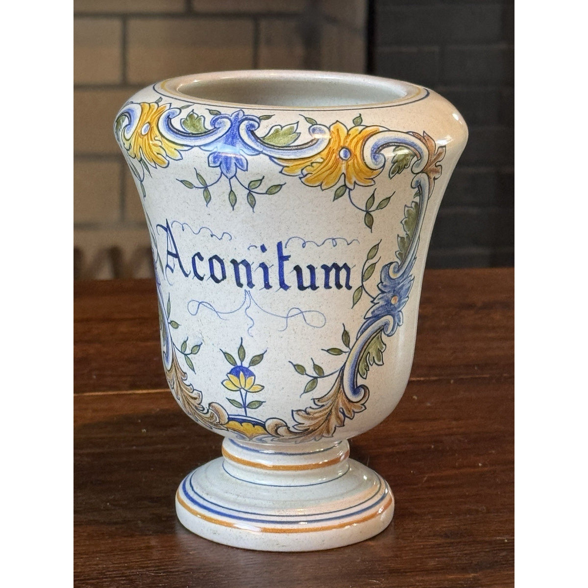 Apothecary Jar Italian Pottery Aconitum Hand Painted Faience Vase 7” Vintage