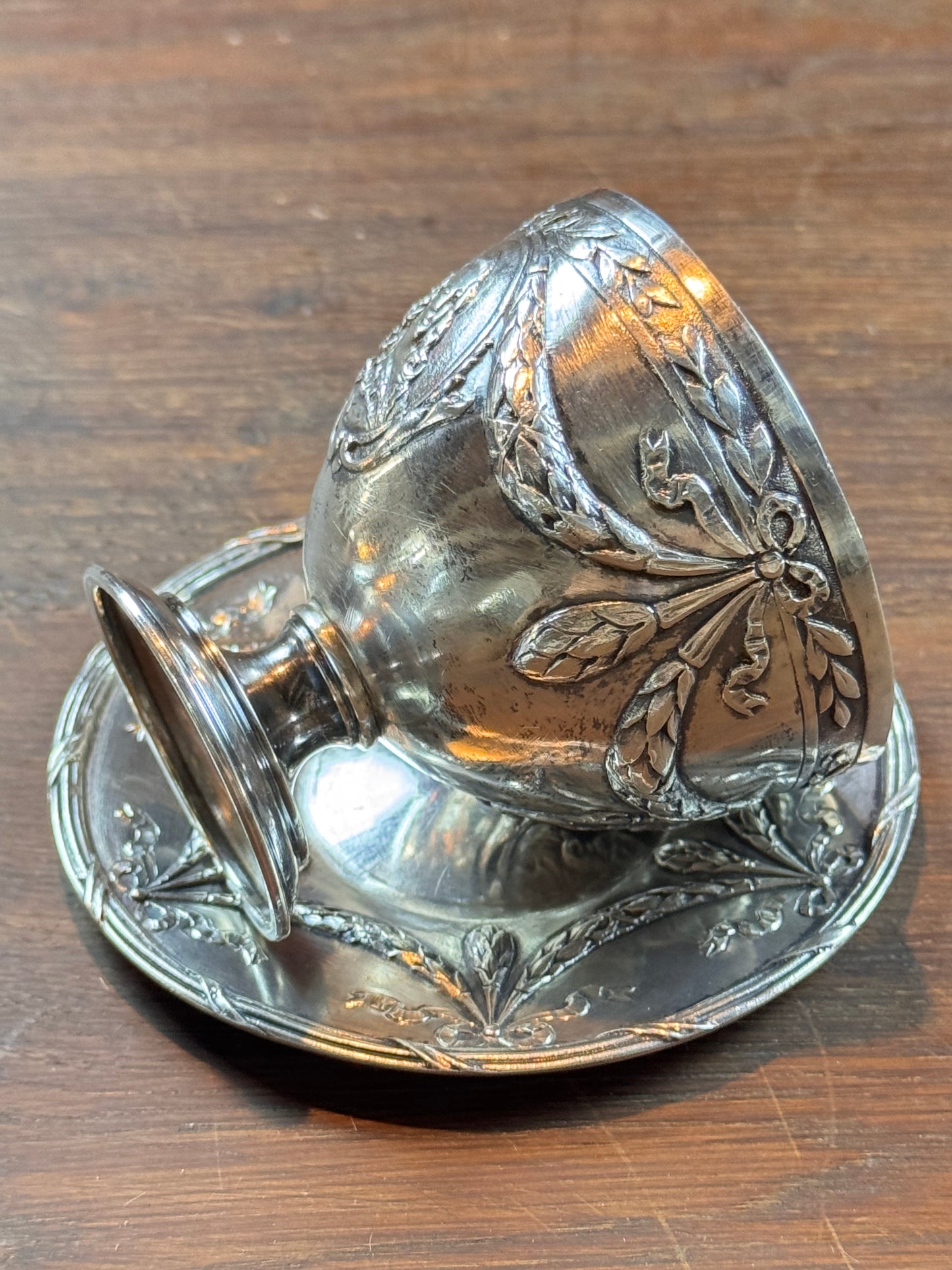 Vintage Silverplate Demitasse Cup & Saucer Cameo Repousse Pseudo Hallmark