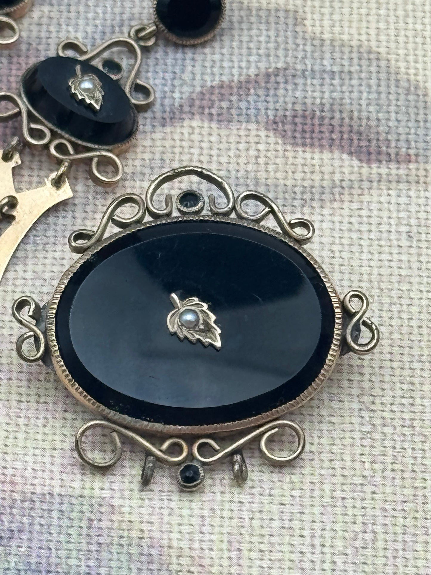 Victorian Gold-Filled Onyx & Seed Pearl Brooch & Earrings Set - Mourning