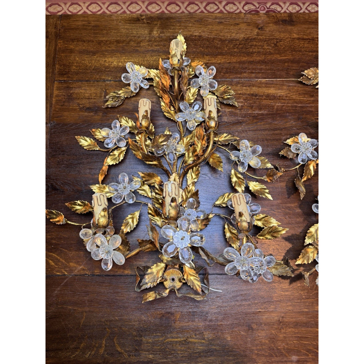 Maison Bagues Style Gilt Tole Wall Sconces Pair 6 Light Crystal Flowers Bow 27”