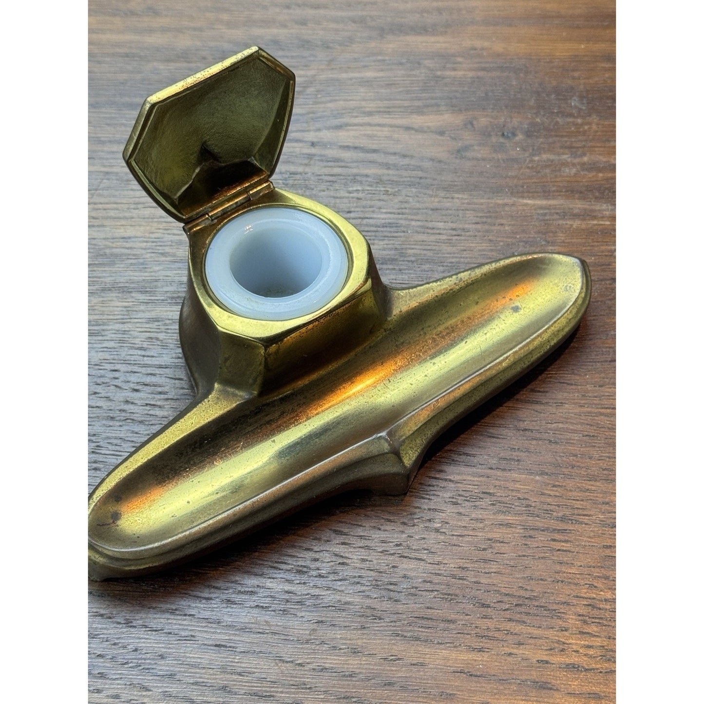 Antique Art Deco Brass Tone Ink Stand Inkwell Pen Tray 6.5” Desk Accessory