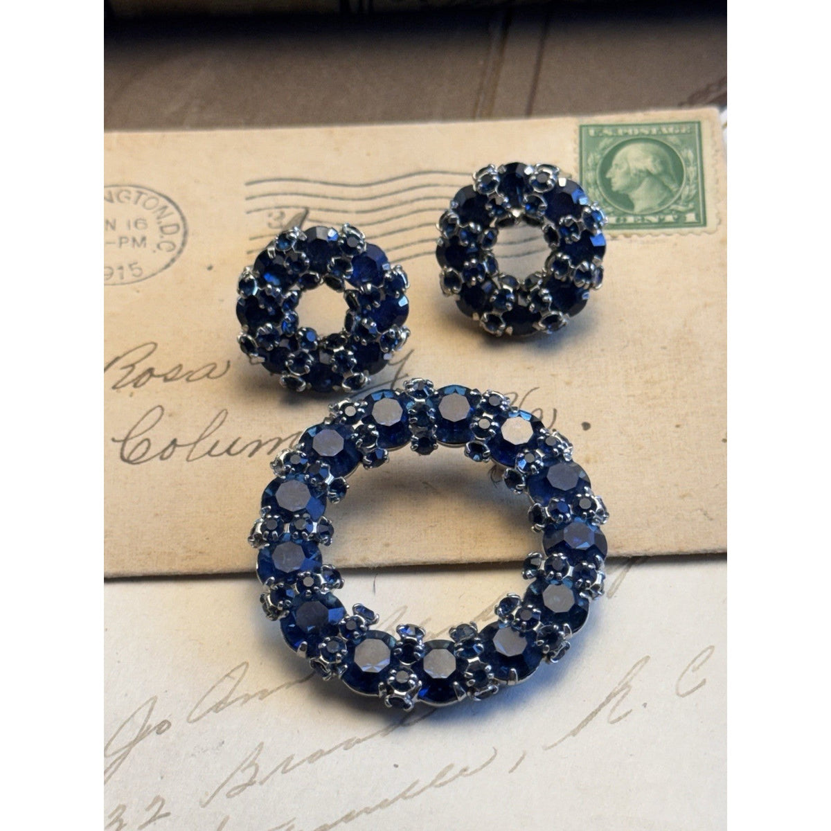 Vintage Warner Blue Rhinestone Brooch Clip On Earrings Set Signed 1.75”
