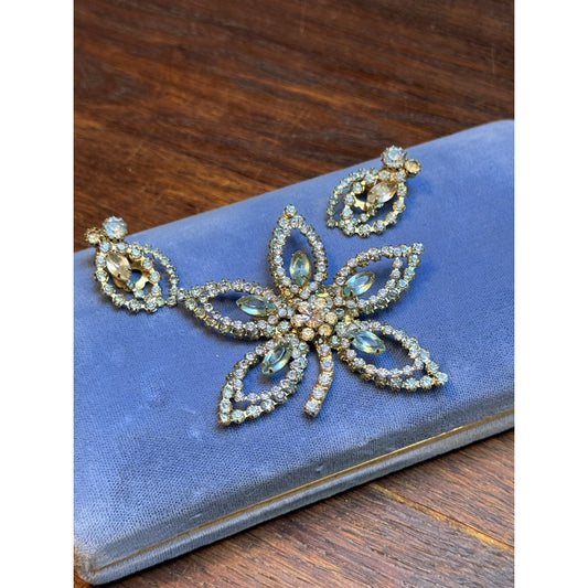 Vintage Rhinestone Brooch & Earring Set Blue Rhinestones Openwork Floral Design