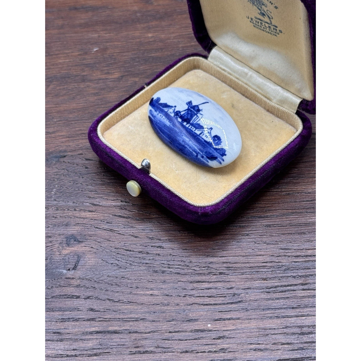 Vintage Brooch Delft Style Porcelain Windmill Landscape Holland 1.5” x .75”