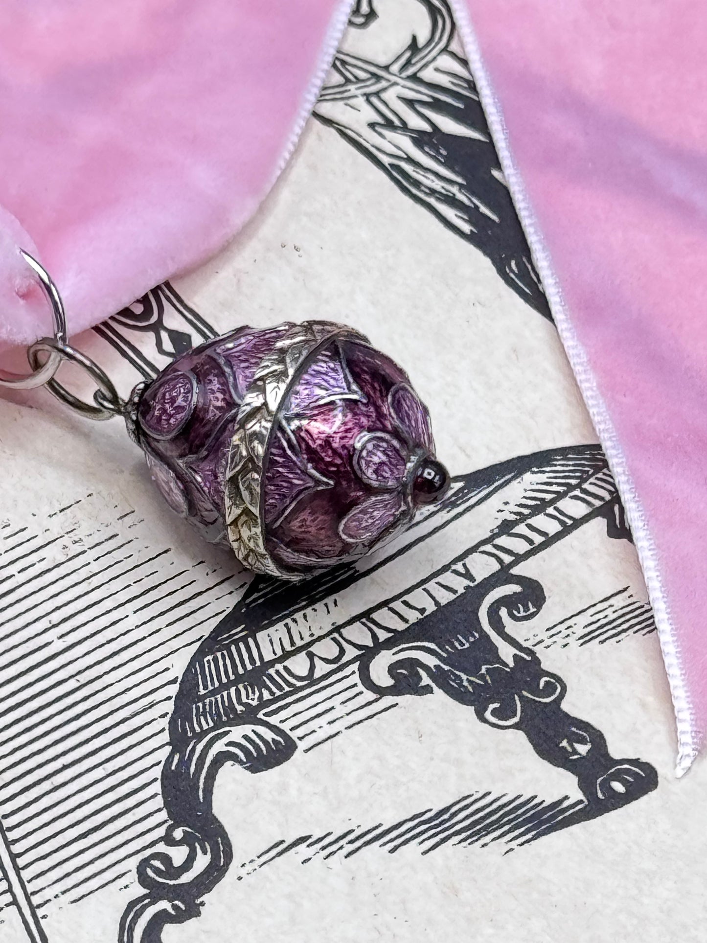 Vintage Guilloche Enamel Egg Pendant Purple Floral Pink Velvet Ribbon