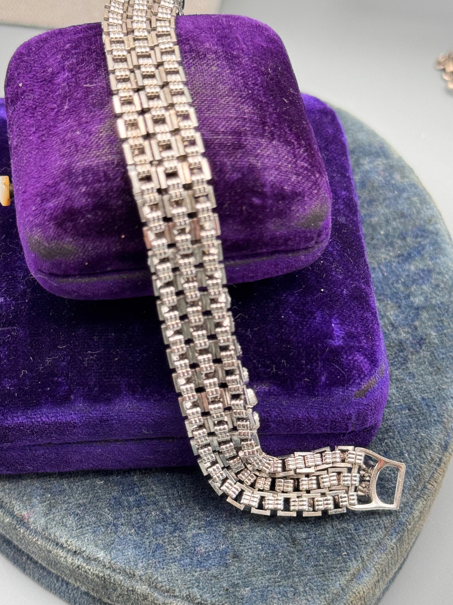 Vintage Articulated Rhinestone Bracelet 3 Row Clear Tennis 6.25”