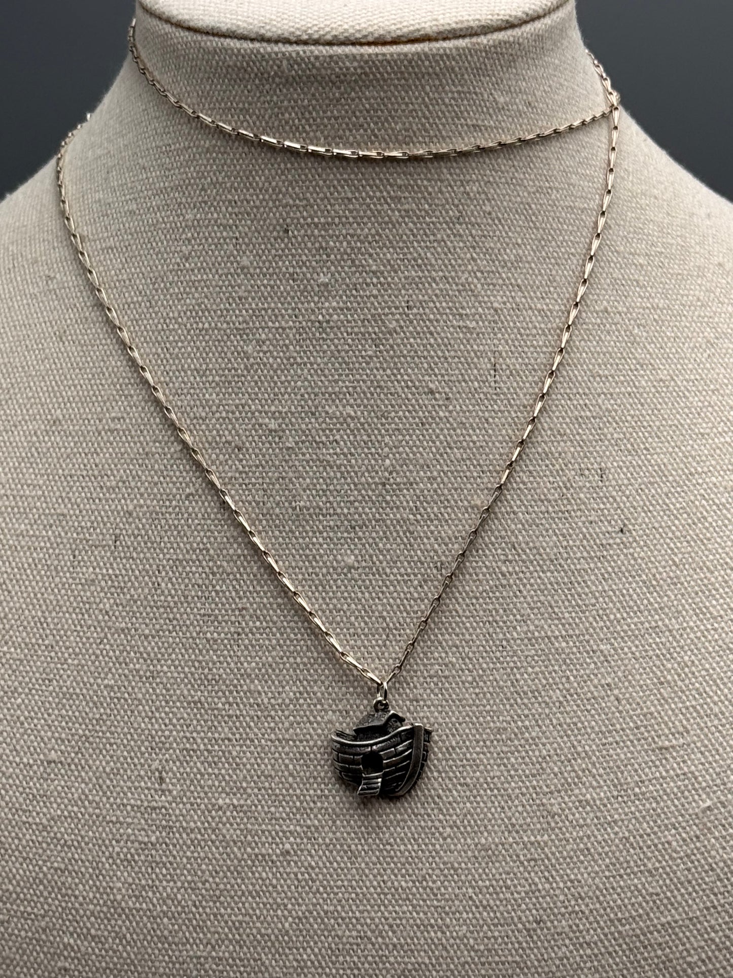 Vintage Sterling Noah’s Ark Pendant & Silver Tone Necklace 26”