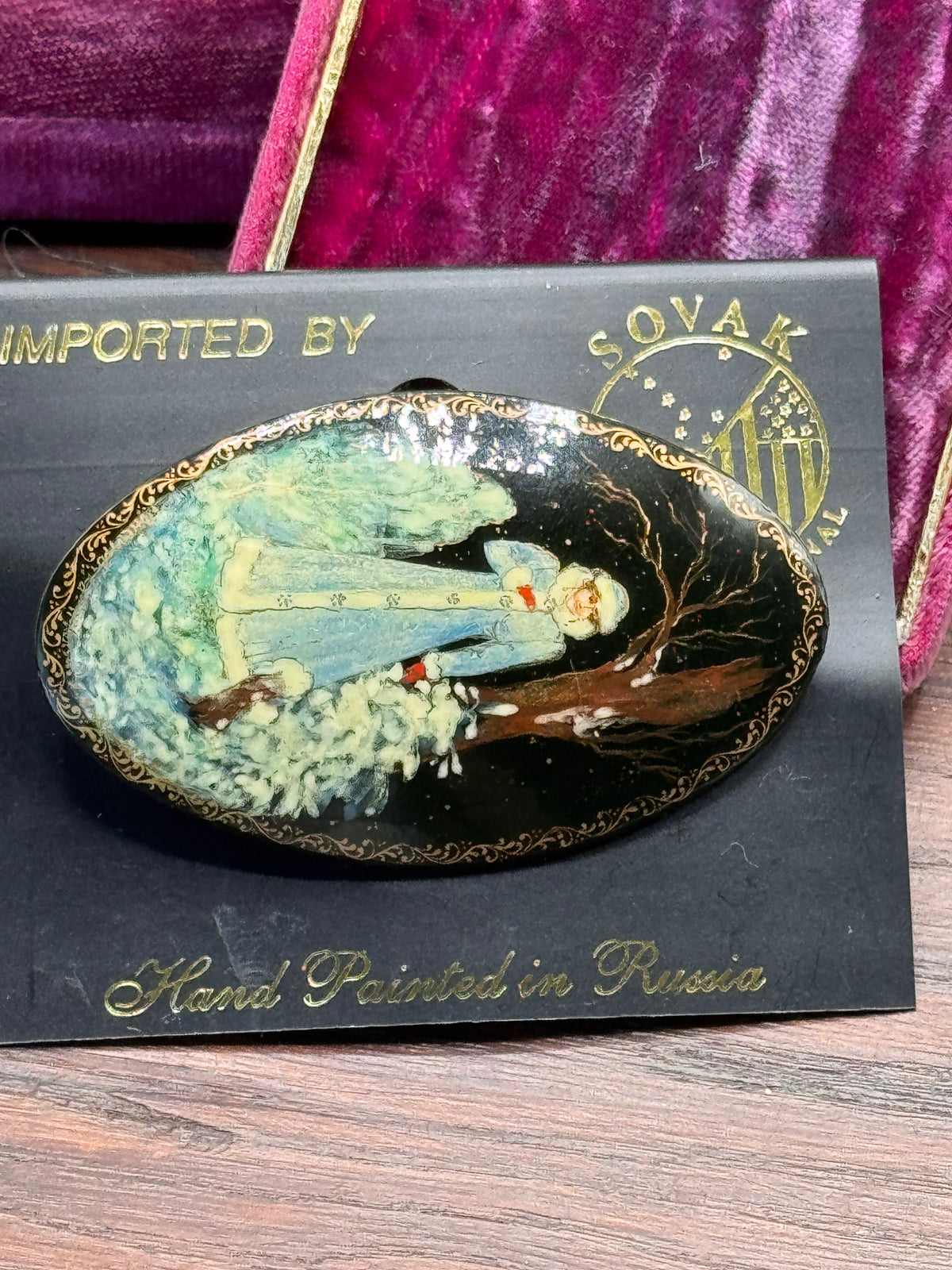 Vintage Brooch Russian Hand Painted Lacquer Winter Scene SOVAK 2.5” x 1.5”
