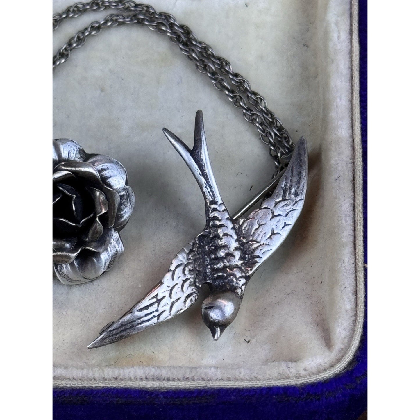 Vintage Sterling Silver Chatelaine Brooch Swallow Roses Double Chain 5.25”