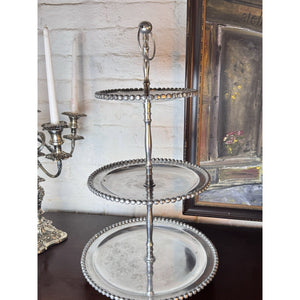 Three Tier Serving Stand Silvertone Beaded Edge Centerpiece Display 26”