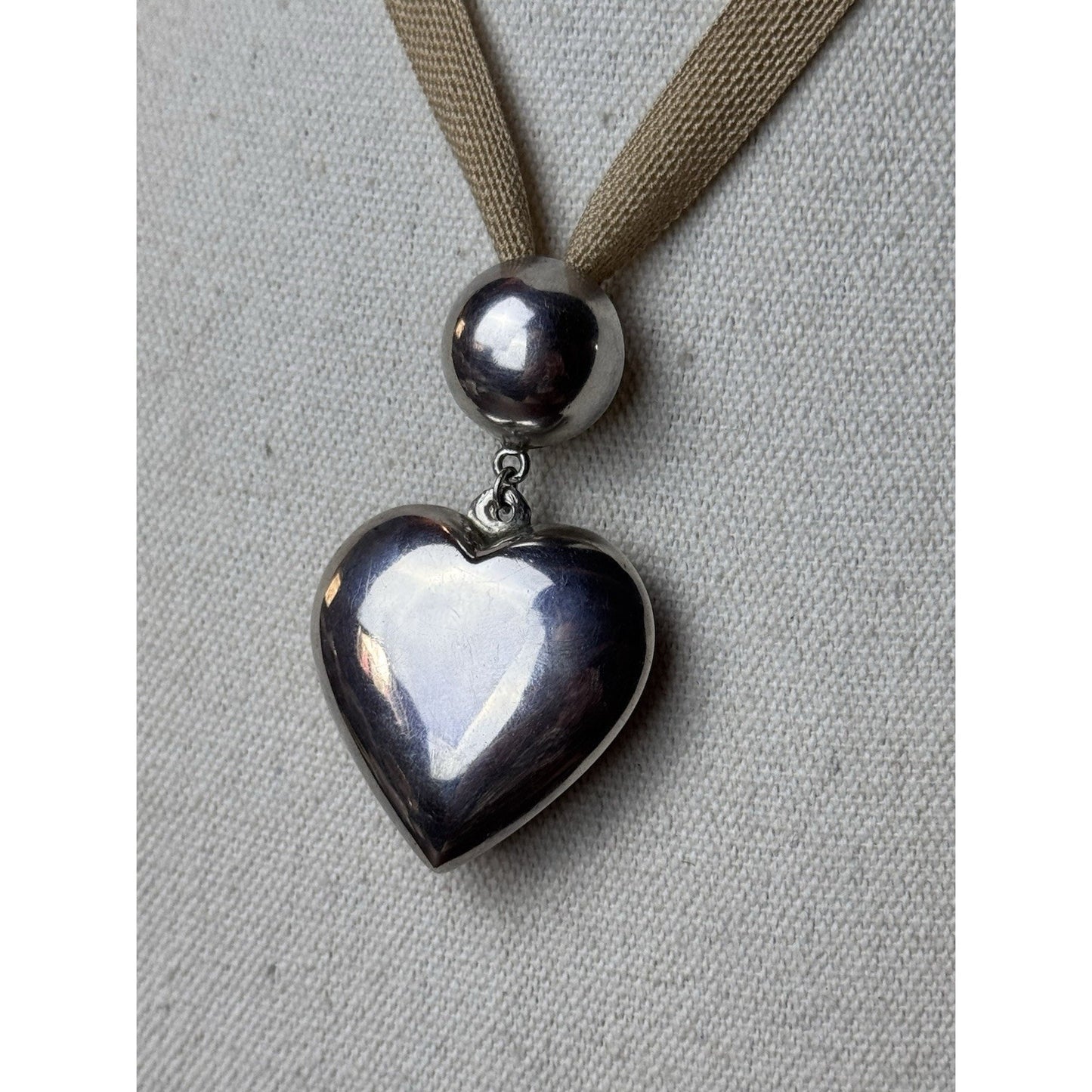 Vintage Sterling Silver 925 Puffy Heart Pendant Necklace 27” Ribbon 2.5”