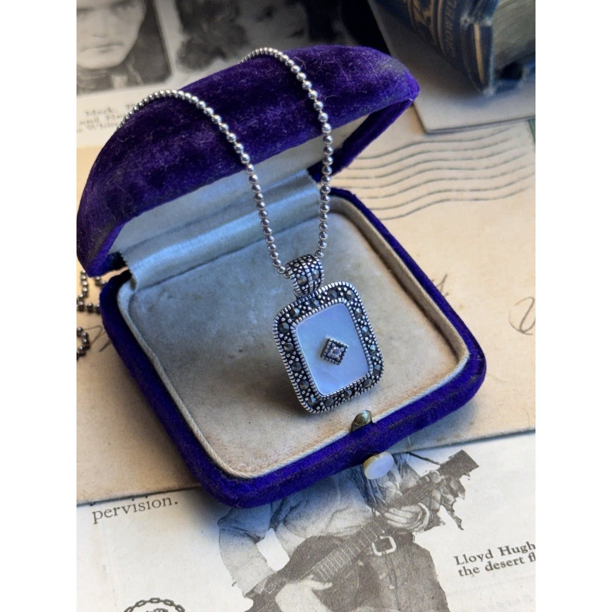 925 Sterling Silver Mother Of Pearl Marcasite Pendant Necklace 23” Ball Chain 1”