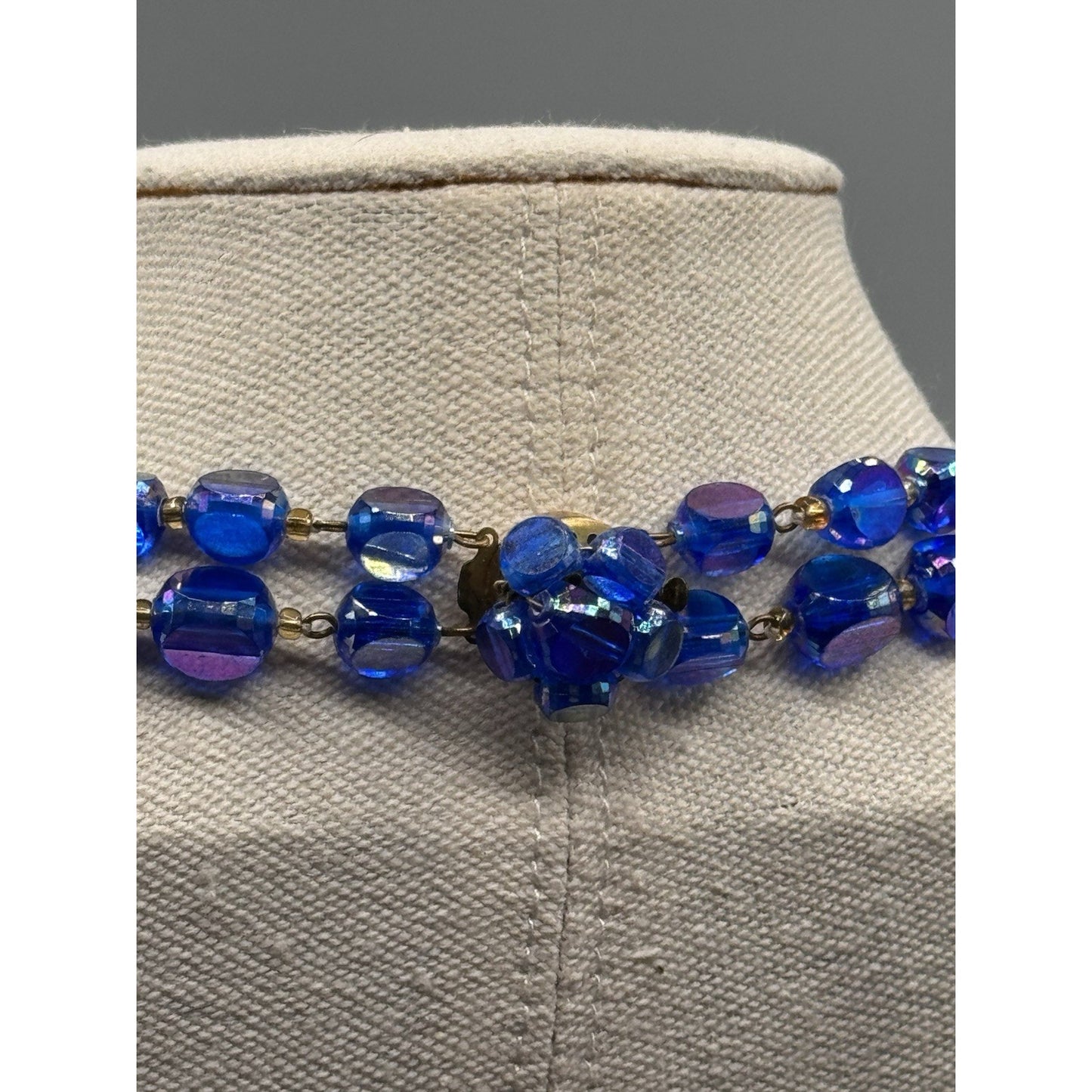 Vintage Blue Lucite AB Bead Necklace Double Strand Faceted Beads 19.5”