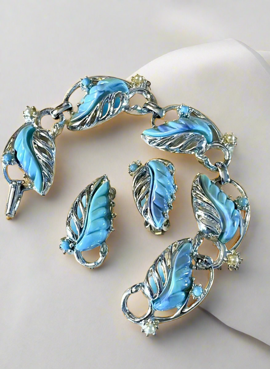 Vintage Faux Turquoise Silver Tone Bracelet With Earrings