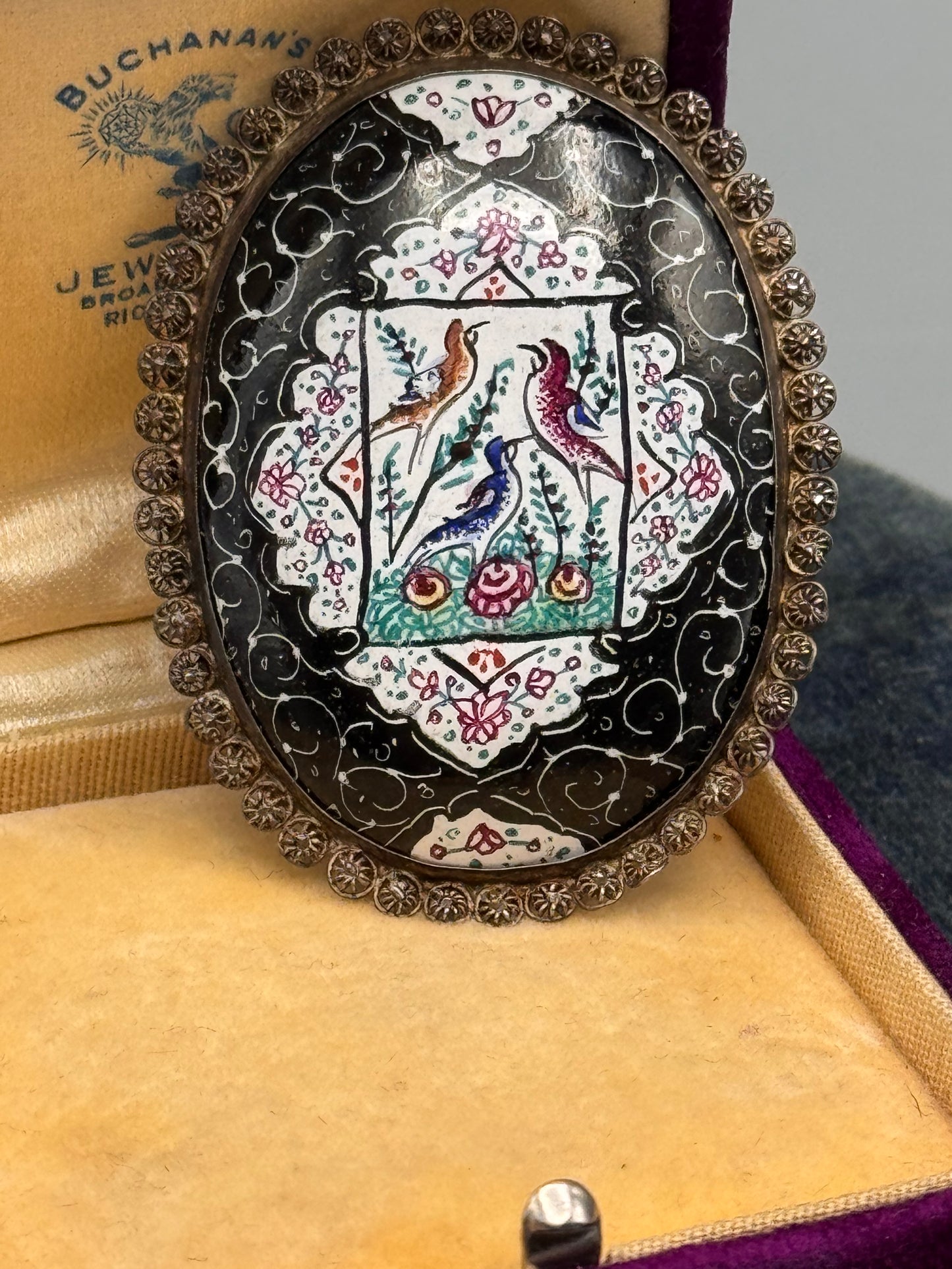Vintage Enamel Bird Brooch Hand Painted Oval Scenic Pin 2”