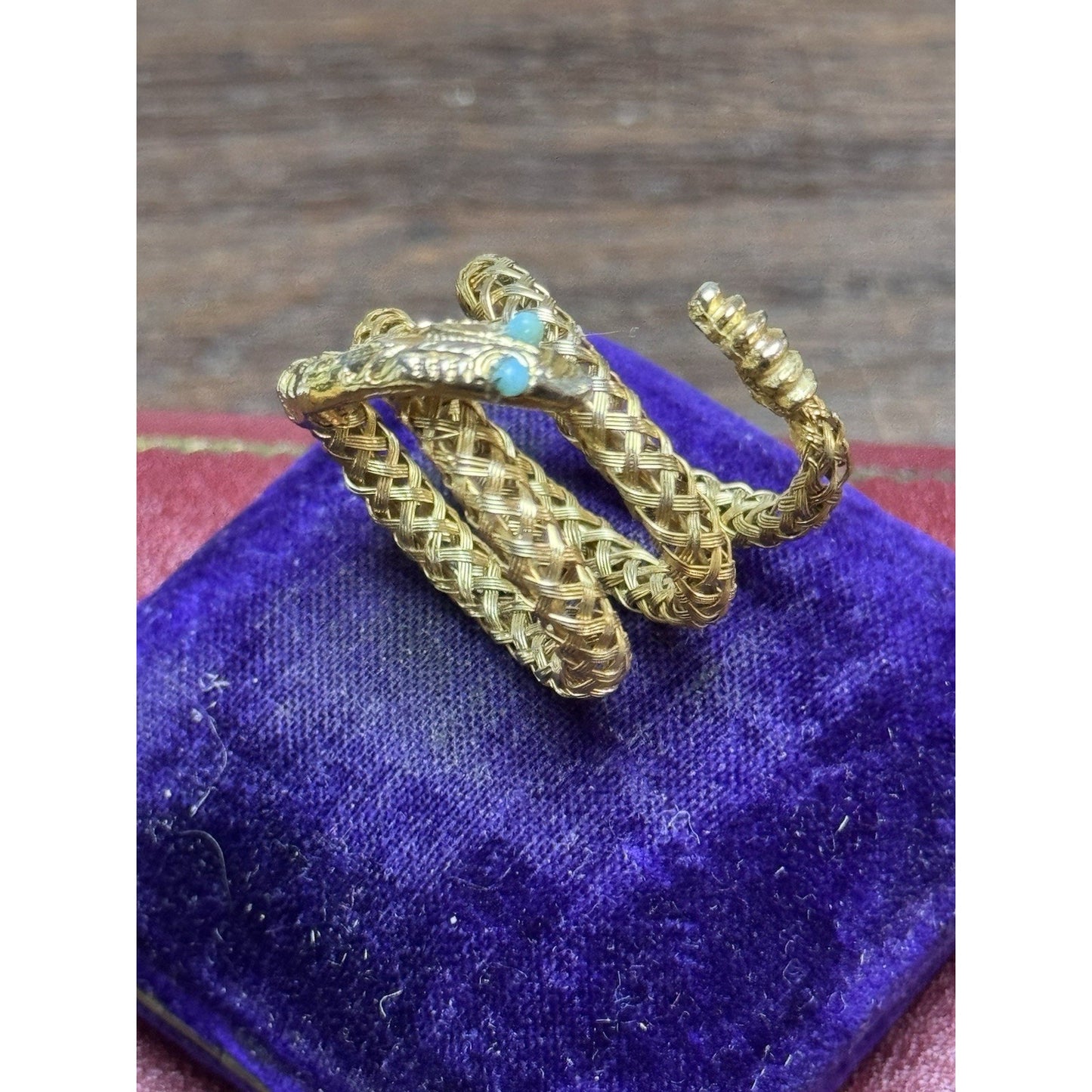 Vintage Goldtone Snake Wrap Ring Light Blue Eyes Woven Mesh Serpent Adjustable