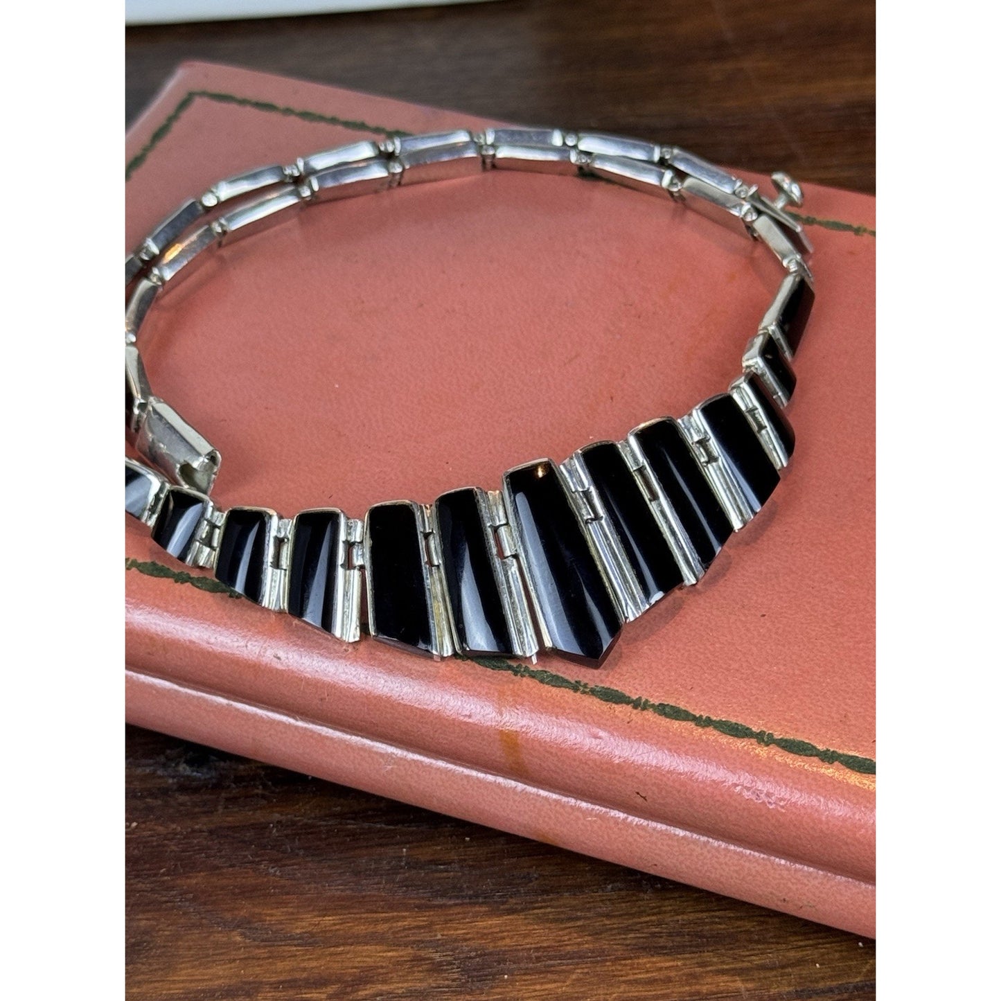 Vintage 950 Silver Necklace Taxco Mexico TD-107 Black Onyx Modernist 18”