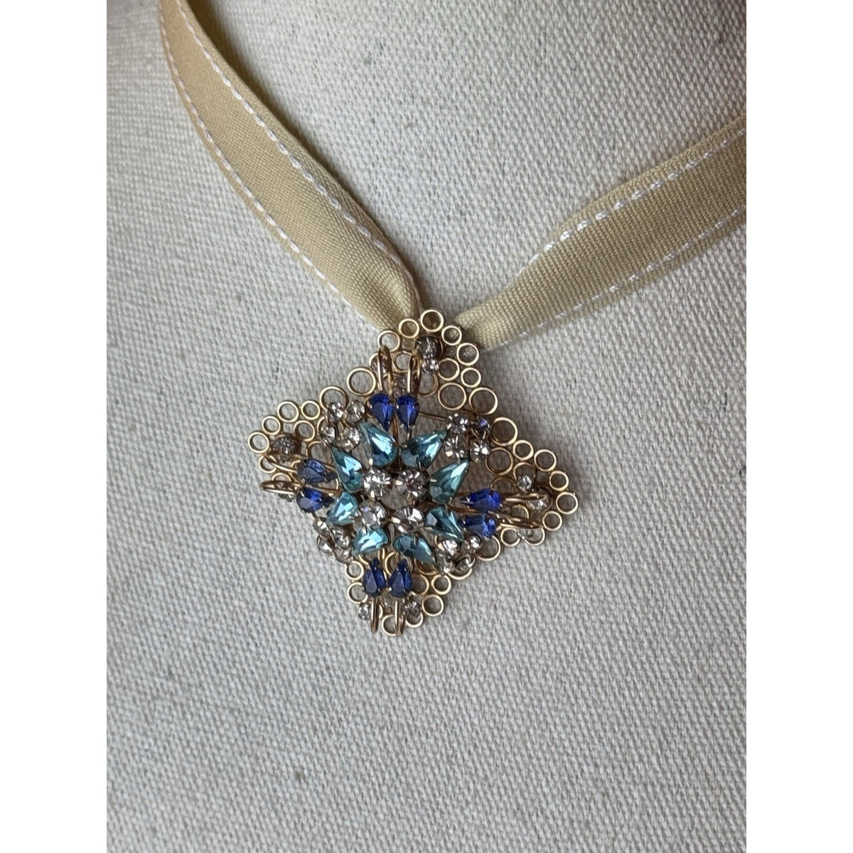 Deri Brooch Pendant Blue Rhinestone Gold Filled SIGNED 2” Vintage