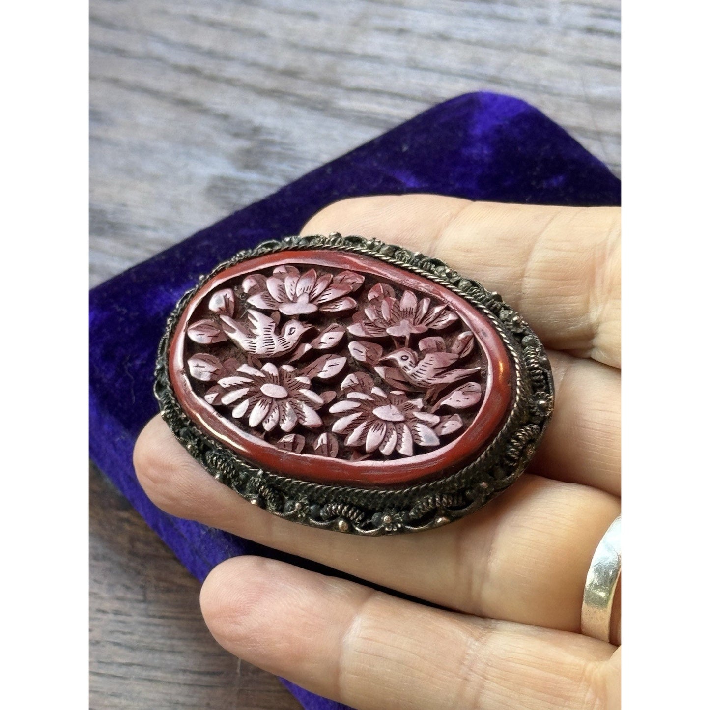 Vintage Cinnabar Brooch 2.25” Chinese EXPORT Carved Birds Flowers Silvertone