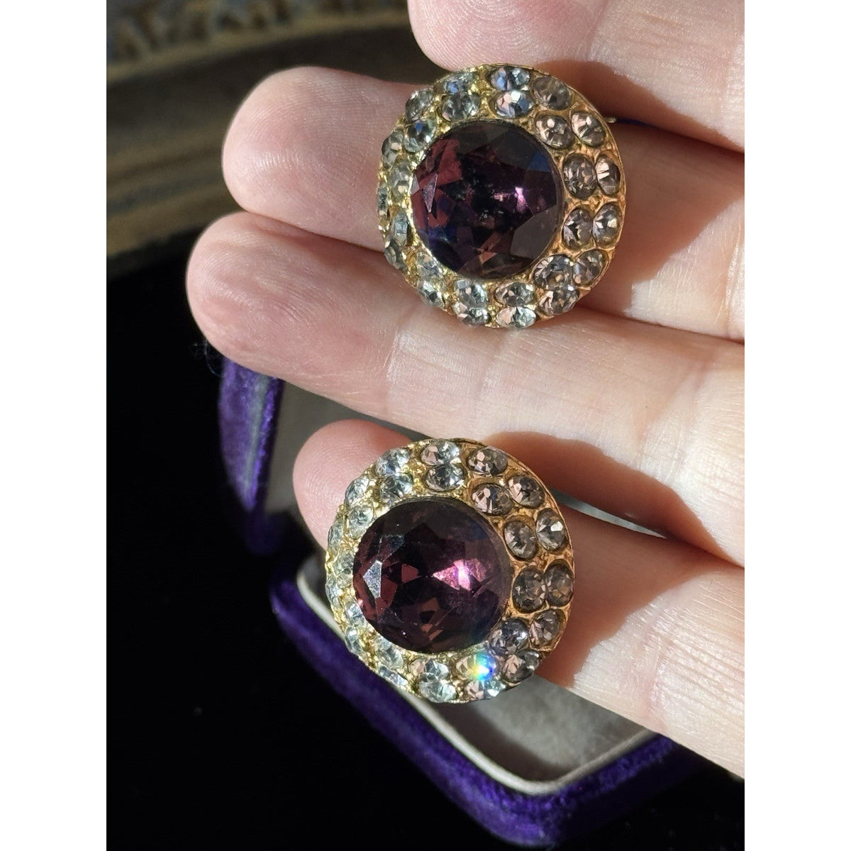 Blair Delmonico Clip On Earrings Purple Clear Rhinestone Round Vintage