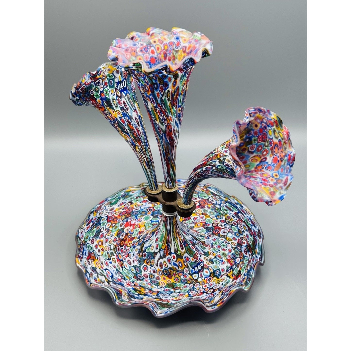Murano Millefiori Epergne Art Glass 3 Horn Centerpiece Vase 1860 Cane 11.5”