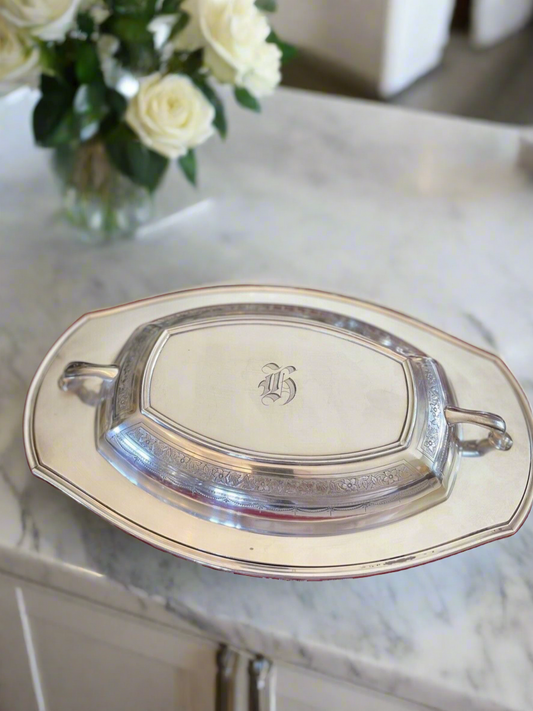 Antique Lidded Silverplate Edwardian Entree Dish Monogrammed Chased COMMUNITY