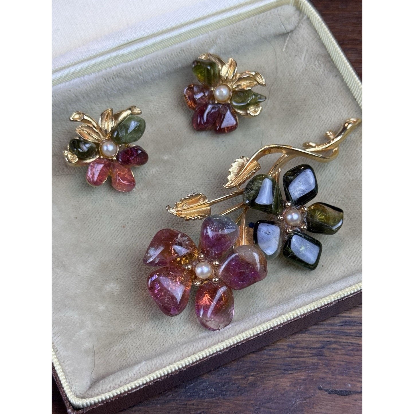 Vintage BARCS Stone Flower Brooch Earrings Set C725 Goldtone Australia