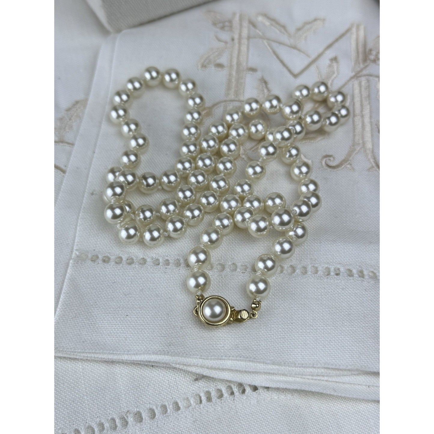 Vintage Faux Pearl Necklace 28.5” Knotted 7mm Pearls Goldtone Clasp Classic