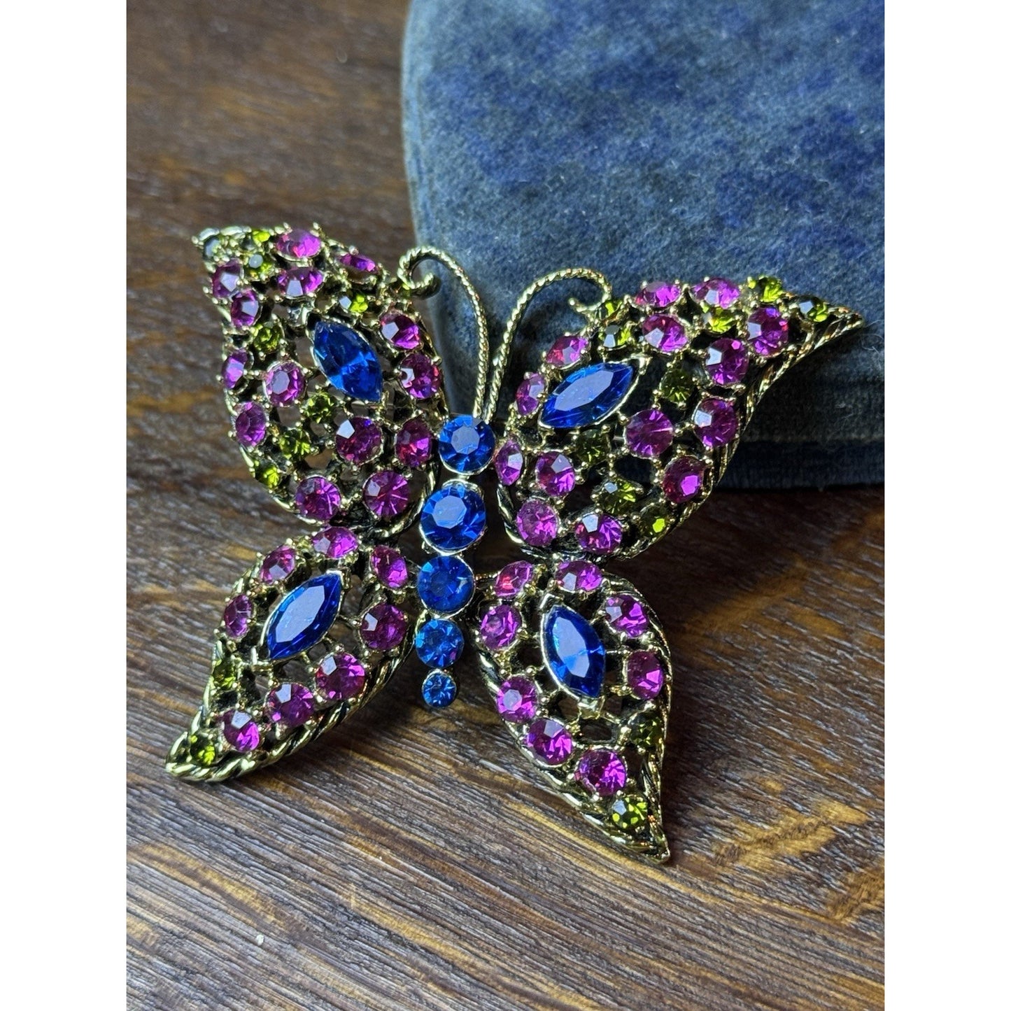 Vintage Butterfly Brooch Pink Blue Green Rhinestones Openwork Goldtone Large