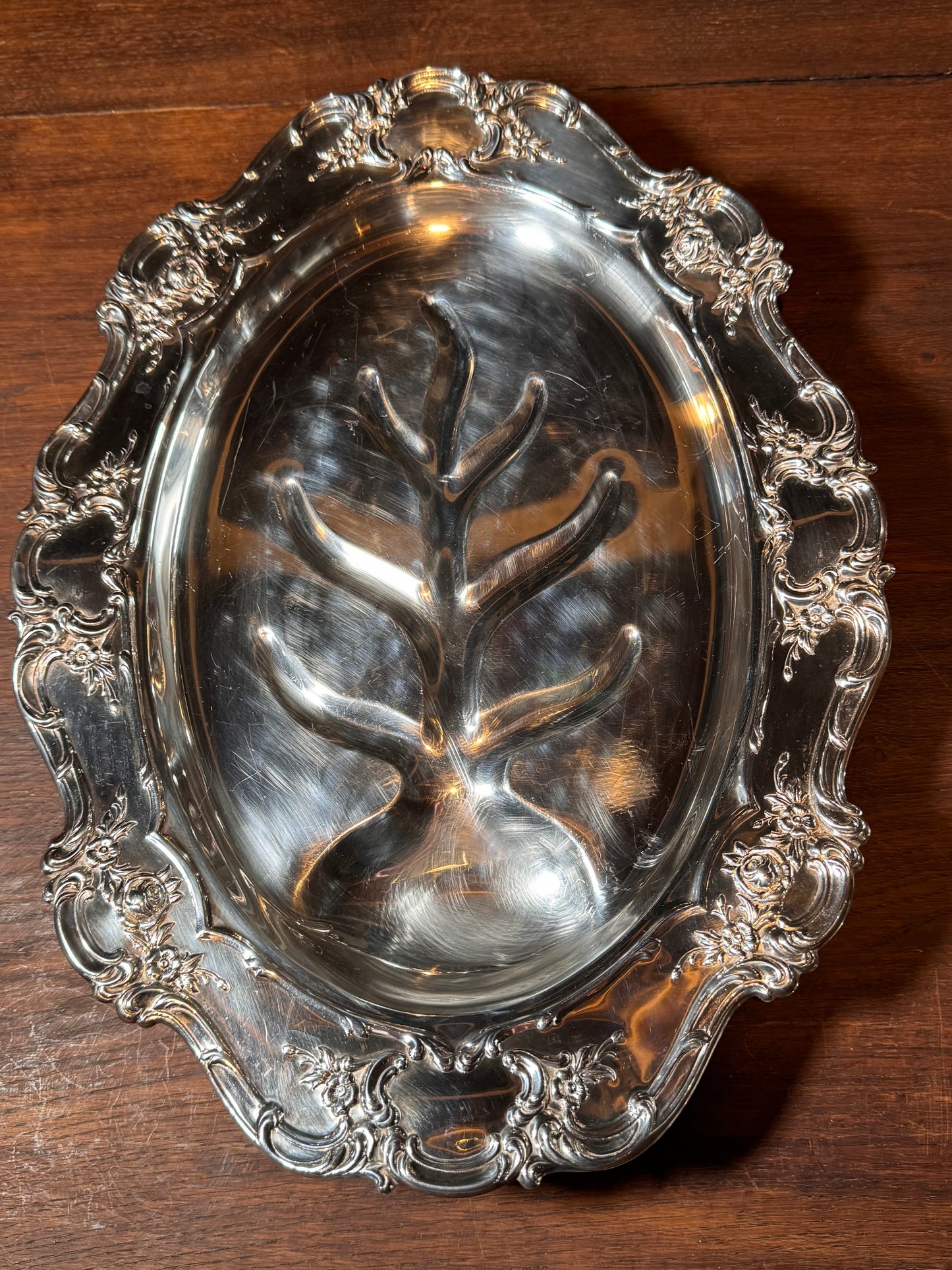 Towle Silverplate Meat Tray Repousse Rose Pattern Footed Oval 17”