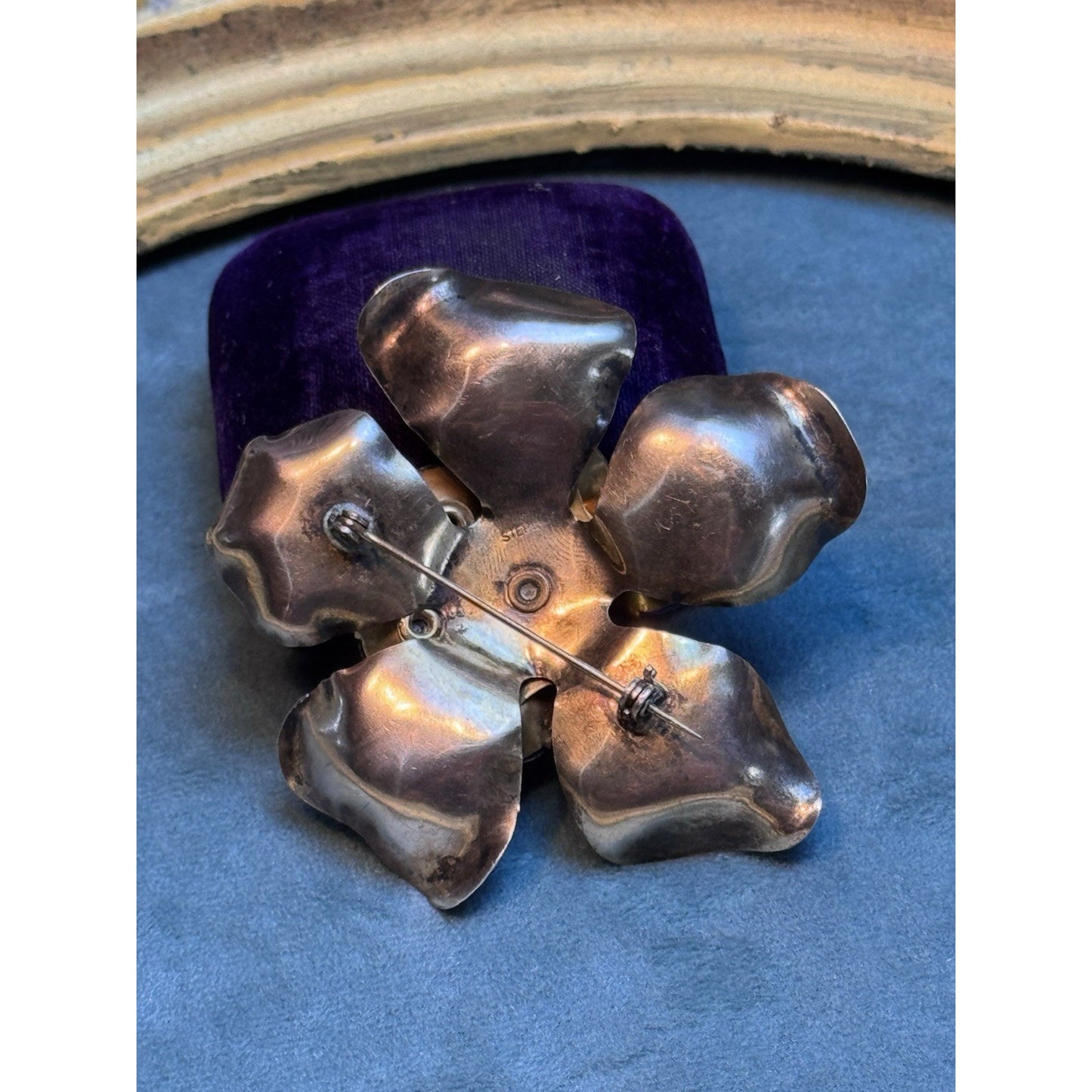 Vintage Sterling Vermeil Flower Brooch With Cobalt Blue Rhinestones