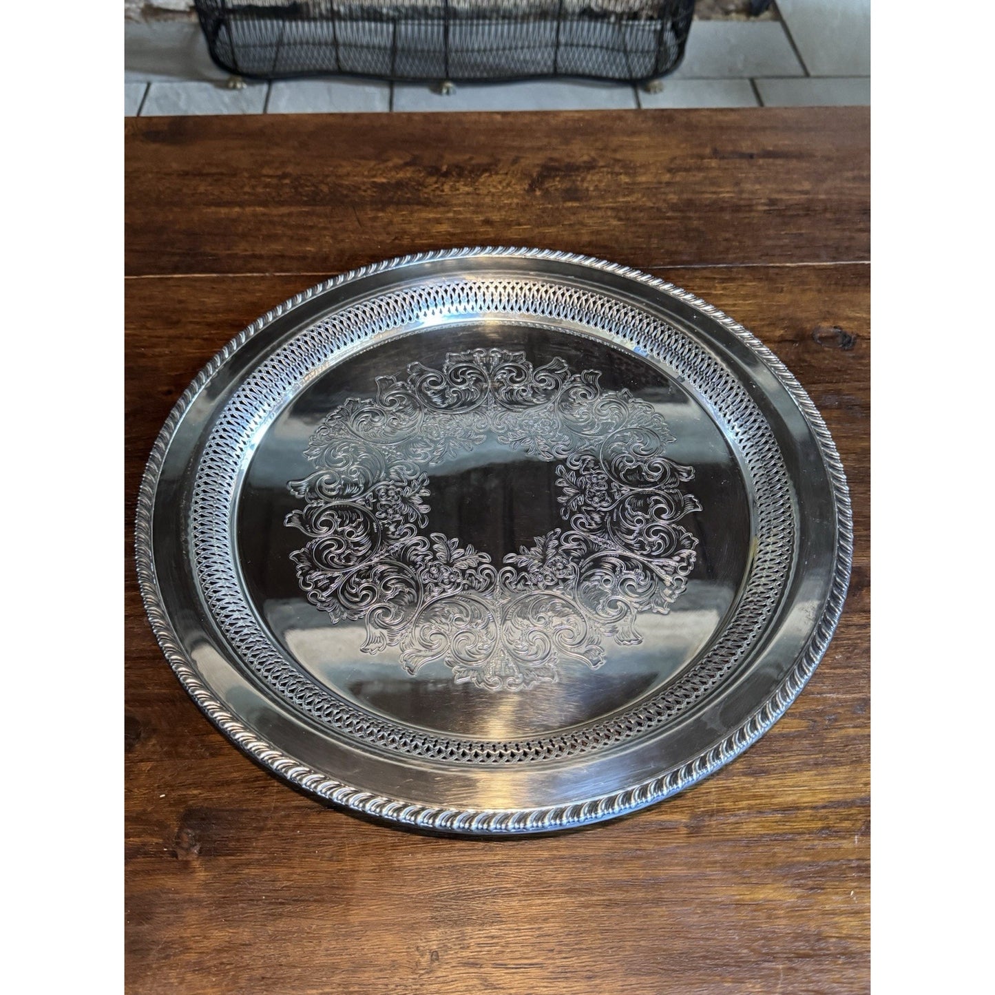 Silverplate Round Tray Reticulated 16.5” WM Rogers Engraved Serving Platter
