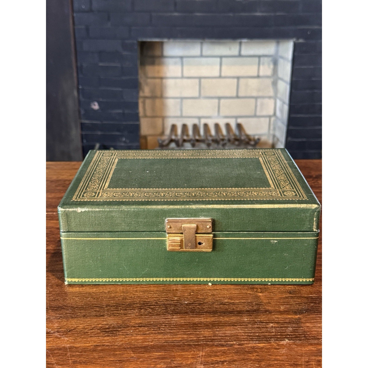 Vintage Green Jewelry Box Gold Scrollwork Pink Velvet Swing Trays 10.25”
